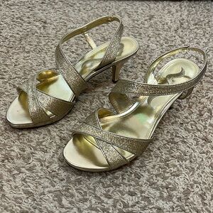 Nina Gold Sparkle Elastic Ankle Strap Heels - Size 7.5